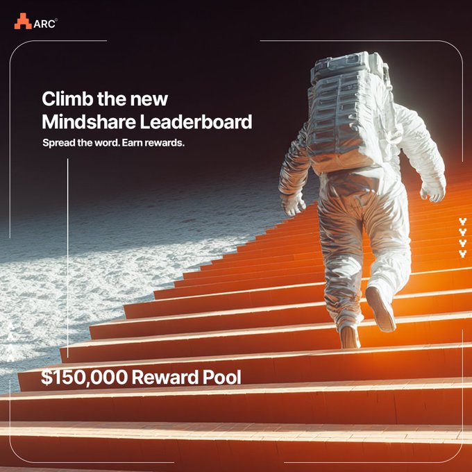The image features a man dressed as an astronaut walking up a flight of stairs, with the caption "Climb the new Mindshare Leaderboard Spread the word, Earn rewards." The background shows a picture of the moon, suggesting that this is related to space exploration or astronomy.
