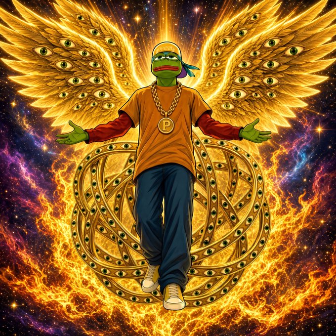 A vibrant digital artwork of a Pepe-style frog character with golden wings made of eyes, wearing an orange shirt and a gold chain with a 'P' pendant, floating in front of a flaming cosmic mandala.