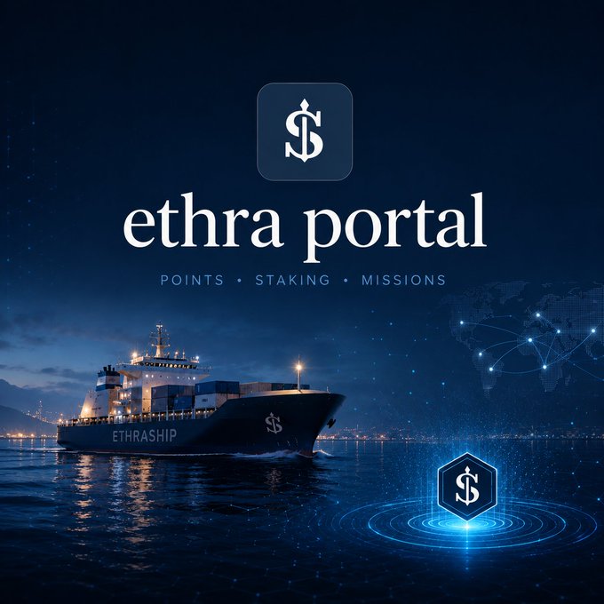 Digital advertisement for "ethra portal" featuring a logo with a stylized dollar sign, a container ship labeled "ETHRASHIP", and text reading "POINTS • STAKING • MISSIONS".