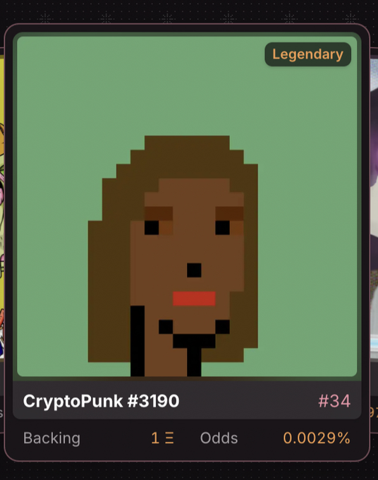 A pixel art NFT card labeled 'Legendary' showing CryptoPunk #3190, with ranking #34, backing of 1, and odds of 0.0029%.