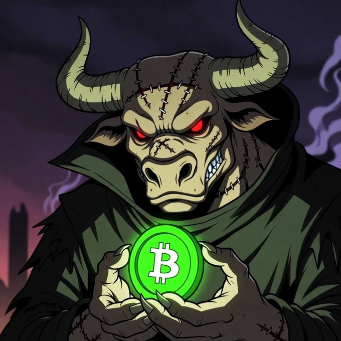 A menacing, stitched bull-horned figure with glowing red eyes clutches a glowing green Bitcoin (₿) coin in its clawed hands, set against a dark, smoky backdrop. The demonic imagery visually personifies "Vlad" as a sinister force, ironically juxtaposing the ominous aesthetic with the post's message praising Bitcoin's sound, permissionless monetary principles.