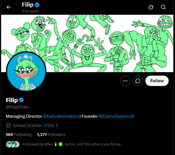 A Twitter/X profile page for 'Filip' (@FilipFinks), Managing Director @EallinAnimation and Founder @CannaSapiensX, featuring green alien-like cartoon characters as the banner.