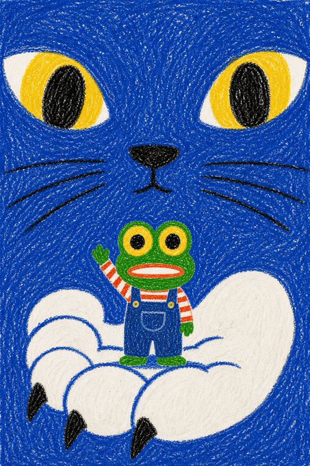 Colorful crayon/marker drawing of a large blue cat-like creature holding a small green frog character wearing blue overalls and a red-striped shirt in its white paws.