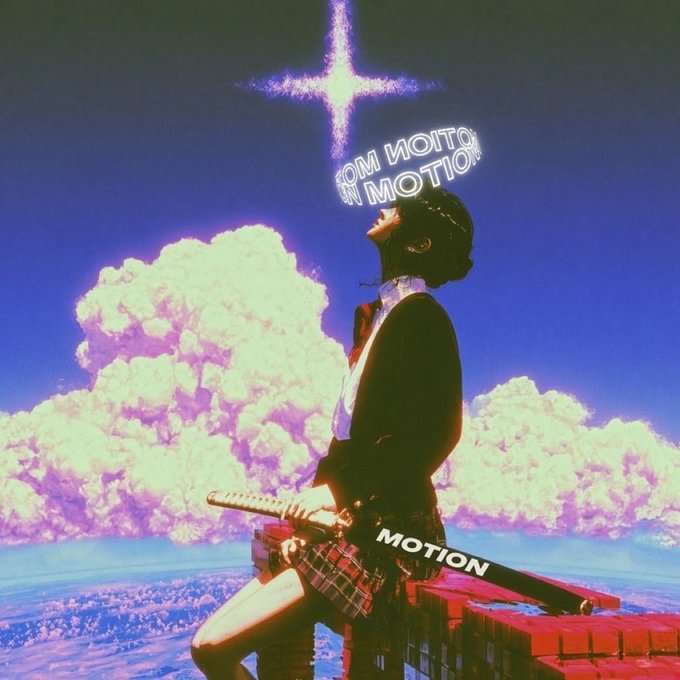 An anime-style illustration of a schoolgirl in uniform holding a katana, looking up at a glowing purple cross in the sky with 'IN MOTION' text repeated around her.