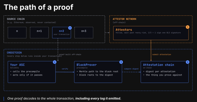 Technical slide titled “The path of a proof,” diagramming a source chain, an attestor network, and a CREDITCOIN transaction flow through “Your ASC,” “BlockProver,” and “Attestation chain.”