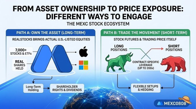 An infographic titled 'FROM ASSET OWNERSHIP TO PRICE EXPOSURE: DIFFERENT WAYS TO ENGAGE' illustrating the MEXC stock ecosystem, showing 'PATH A: OWN THE ASSET' and 'PATH B: TRADE THE MOVEMENT' with reference to MEXC0808.