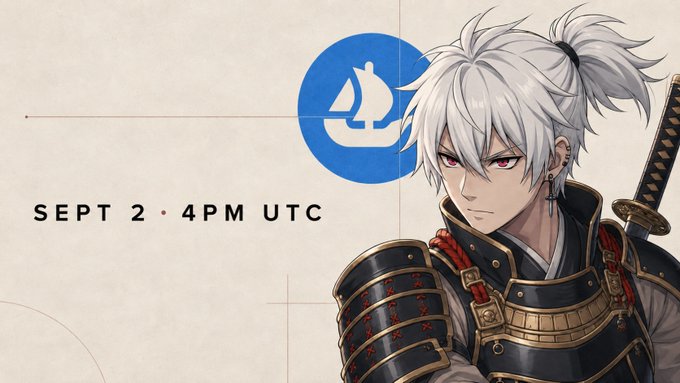 An anime-style samurai with silver hair and red eyes stands in front of a dojo logo, with text reading "SEPT 2 • 4PM UTC" announcing the mint date for the OpenSea collection launch.