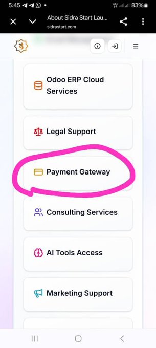 A mobile screenshot of sidrastart.com showing service options including 'Odoo ERP Cloud Services', 'Legal Support', 'Payment Gateway' (circled in pink), 'Consulting Services', 'AI Tools Access', and 'Marketing Support'.