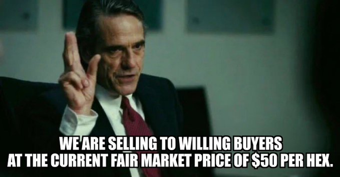 A man in a suit holds up two fingers while a caption reads "WE'RE SELLING TO WILLING BUYERS AT THE CURRENT FAIR MARKET PRICE OF $50 PER HEX." The image humorously connects to the post's reference to "Hexican" mood being healthy, playing on the Hex cryptocurrency's price point and adopting a confident salesman persona to comment on Hex's market value.