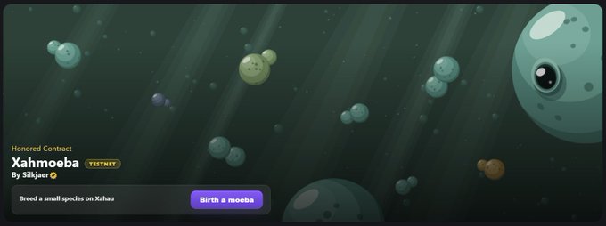 A digital interface shows floating green creatures called moebas in space, with a "Honored Contract" for "Xahmoeba" by "Silkjaer" and a "Birth a moeba" button.