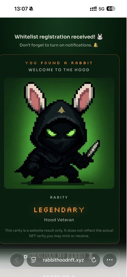 A screenshot from rabbithoodnft.xyz confirms whitelist registration with a pixel-art rabbit hooded figure holding a knife, labeled "LEGENDARY - Hood Veteran" alongside the message "You found a rabbit." The post "Someone's very lucky today" ties in because landing a Legendary-tier mascot NFT result is a rare and fortunate outcome.