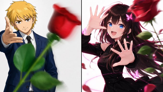 Two anime characters - a blond man in a blue suit extending his hand and a dark-haired woman with butterfly wings reaching forward - separated by a vertical line with roses.