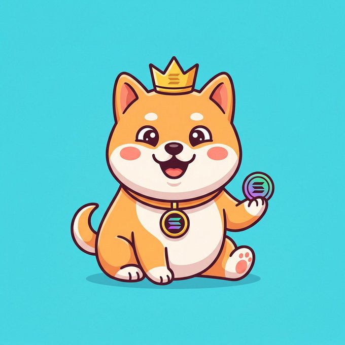 A cartoon illustration of a smiling Shiba Inu dog wearing a gold crown and holding a Solana coin.