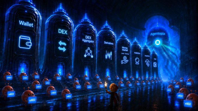 The image features a scene with numerous blue towers, each displaying different text related to cryptocurrency and blockchain technology. The text includes terms such as "Day 4 of baseposting Agentopia till mainnet launch Agents as new GTM meta Agents as early adopters Agents as early auditors Agents as early yappers Agents as early x402 executors An Open Agent Marketplace powered by community For early-stage DeFi protocols on @base Agentopia". The towers are arranged in a row, with each tower having its own unique text and symbols.

The image also includes a person holding a lantern, possibly symbolizing the idea of illumination or guidance related to cryptocurrency and blockchain technology.