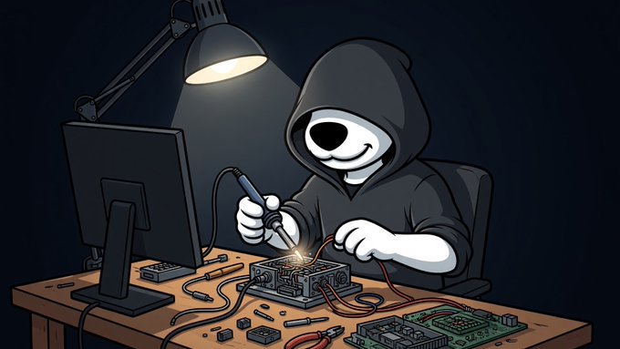 An animated figure in a dark hoodie sits at a dimly lit workbench, soldering electronic components under a desk lamp, with a circuit board scattered across the table and no visible text in the image. The shadowy, isolated portrayal of a hardware tinkerer underscores the post's message about personal cryptographic sovereignty, the importance of hardware security modules (HSMs), and grassroots resistance against encryption backdoors.