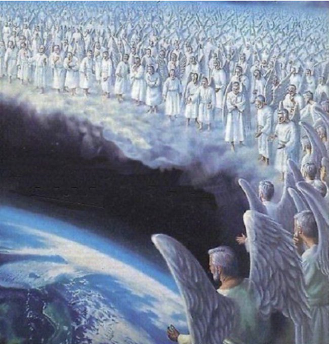 A vast host of white-robed angels with outstretched wings gathers on celestial clouds overlooking Earth, gazing down upon the planet from a heavenly vantage point, visually suggesting a spiritual inheritance or divine blessing being passed down—aligning with the post's theme of "Generational Wealth" by portraying heavenly beings as an enduring, timeless endowment entrusted to humanity below.