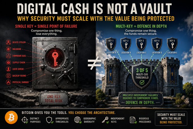 An infographic titled "Digital Cash Is Not a Vault — Why Security Must Scale with the Value Being Protected," contrasting single-key vulnerabilities (device stolen, malware, firmware bug, etc.) with a multi-key "3 of 5 Multi-Sig Threshold" defense-in-depth model across five locations. The Bitcoin-themed graphic emphasizes that while Bitcoin provides tools, users must choose their own security architecture to scale with the value being protected.
