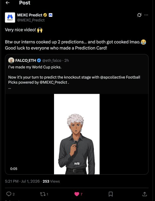 A MEXC Predict Twitter post reacting to a user named FALCO_ETH's World Cup prediction video featuring an animated character 'Will'.