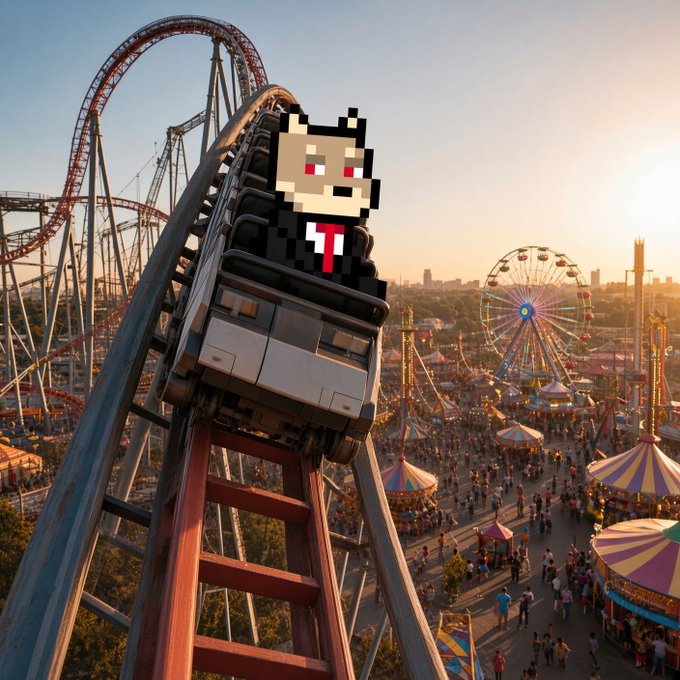 A roller coaster car at an amusement park with a pixelated character in a suit placed on the front, with a Ferris wheel and fairground visible below at sunset.