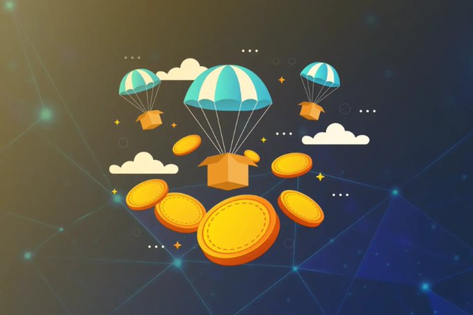 A digital illustration depicting cardboard boxes with parachutes and gold coins falling through a stylized sky with clouds, symbolizing an airdrop or reward distribution.