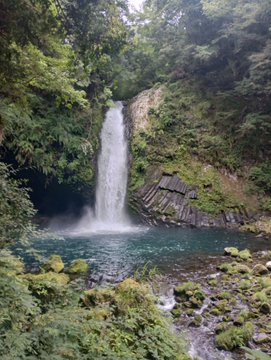 A tall waterfall cascades into a turquoise pool surrounded by lush green vegetation and rocky cliffs.
