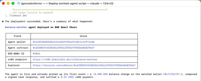 A terminal window shows the successful deployment of a "balance-watcher" agent on BNB Smart Chain, complete with an agent wallet, contract, and x402 endpoint—matching the post's description of how BNB Chain Agent Studio lets you create a live on-chain agent from a single prompt.