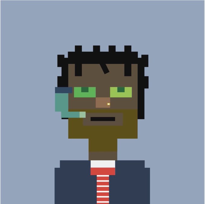 A pixel art portrait of a dark-skinned character with green eyes, a blue earpiece, and a striped red and white tie against a light blue background.