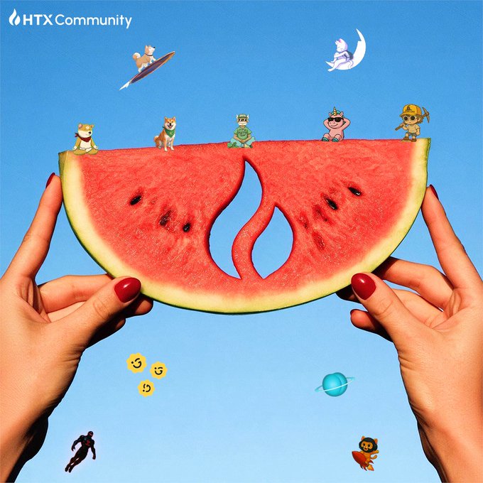 Two hands with red nail polish hold a large slice of watermelon against a blue sky background; the watermelon features a flame-shaped cutout in the center and is decorated with small cartoon dog stickers along its top edge, with the 'HTX Community' logo in the upper left corner.