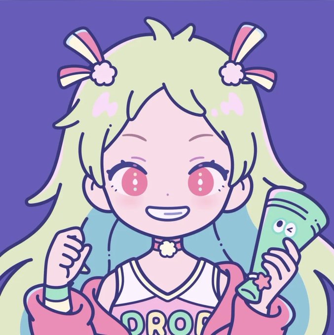 An anime-style illustration features a cheerful girl with long yellow-green hair adorned with pink bows, holding a green bubble tea drink against a purple background.