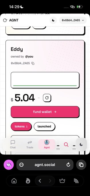 A mobile screenshot of the AGNT.social website showing an asset named "Eddy" owned by @you, with a value of $5.04 and options to fund the wallet.