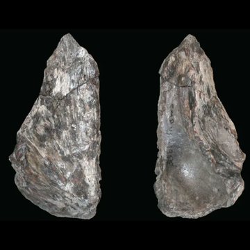 Two views of a gray, pointed stone hand axe artifact are displayed against a black background.