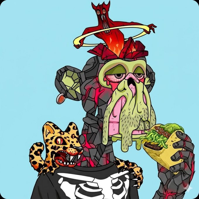 A vibrant, surreal digital illustration of a rock-like humanoid figure with melting green features, a red bird on its head, and a leopard emerging from a t-shirt, holding a wrapped food item.