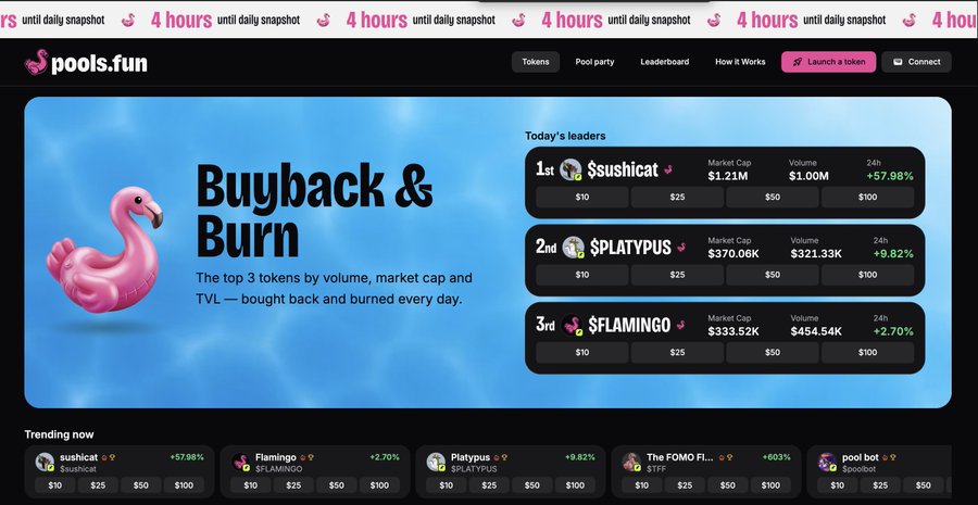 A screenshot of the 'pools.fun' website displaying a 'Buyback & Burn' promotion, listing today's leaders: 1st $sushicat, 2nd $PLATYPUS, and 3rd $FLAMINGO, along with their market caps and 24h growth percentages.