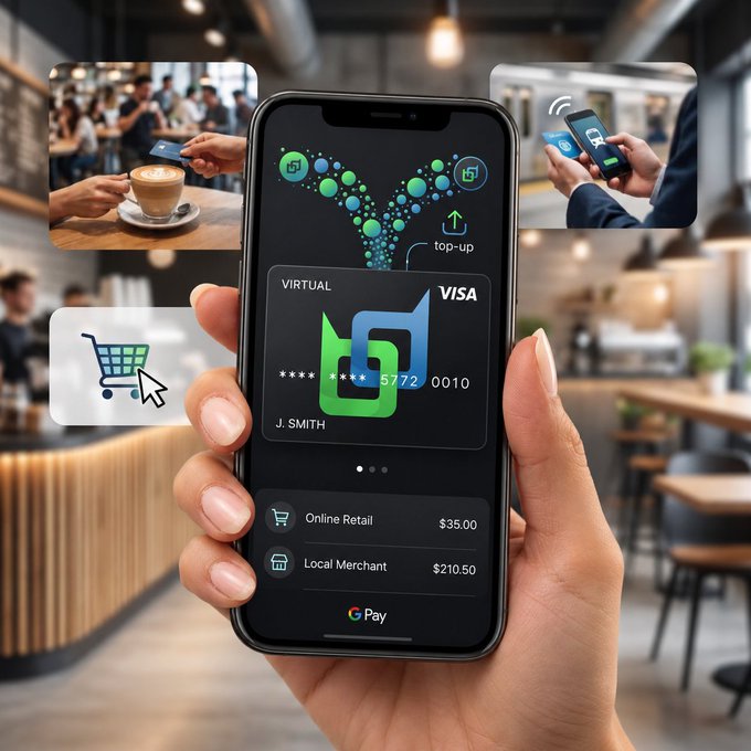 A hand holds a smartphone displaying a virtual Visa card with Google Pay, showing transactions for 'Online Retail $35.00' and 'Local Merchant $210.50', with smaller images of contactless payments and online shopping in the background.
