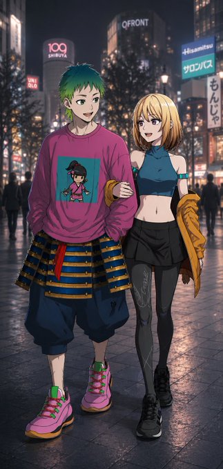 An anime-style illustration of two characters, one male and one female, walking together on a city street at night.