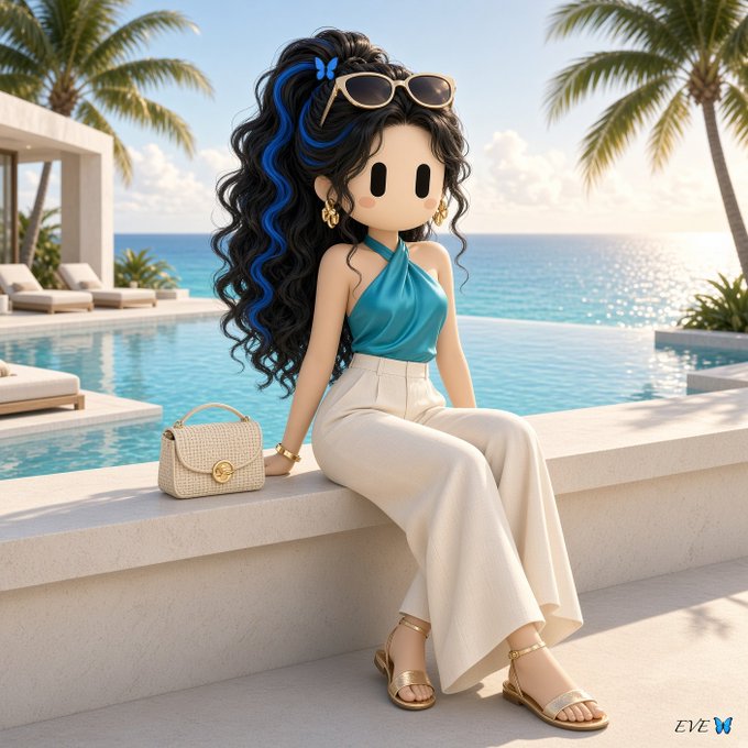 3D-rendered cartoon-style illustration of a girl with curly black hair featuring a blue streak, wearing sunglasses, a teal halter top, and white pants, sitting poolside at a tropical resort.