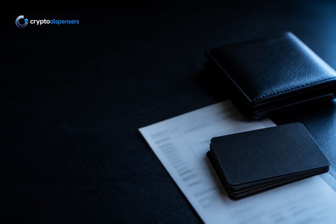 A dark moody image featuring a black leather wallet and a stack of black cards resting on a printed receipt, with a 'cryptodispensers' logo in the top left corner.