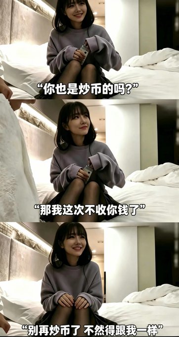 A young woman sits on a bed in a purple sweater, smiling across three panels with Chinese text reading "你也是炒币的吗?" (Are you also into crypto?), "那我这这次不收你钱了" (Then I won't charge you this time), and "别再炒币了 不然得跟我一样" (Stop trading crypto or you'll end up like me), playfully depicting a crypto trader's failed romance.
