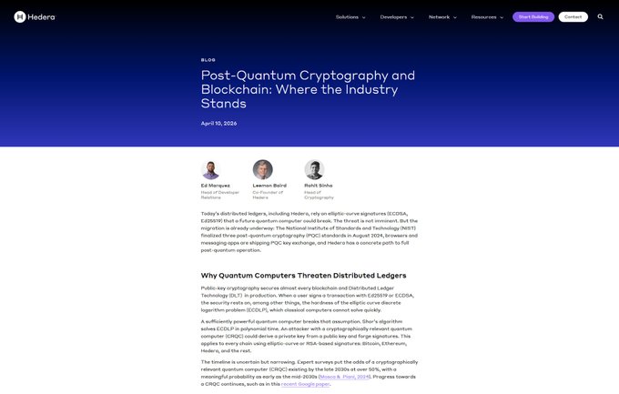 The image shows a Hedera blog post titled "Post-Quantum Cryptography and Blockchain: Where the Industry Stands," dated April 10, 2026, featuring a section header "Why Quantum Computers Threaten Distributed Ledgers." It relates to the caption by highlighting Hedera's use of SHA-384 hashing and referencing NIST's finalized PQC standards, aligning with the post's discussion of hash-based cryptographic advantages in preparing blockchains for quantum computing threats.