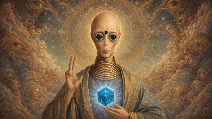 Surreal artwork of a bald, large-eyed humanoid figure with golden rings around its neck, holding a glowing blue cube, surrounded by eyes in the clouds and a mandala halo.