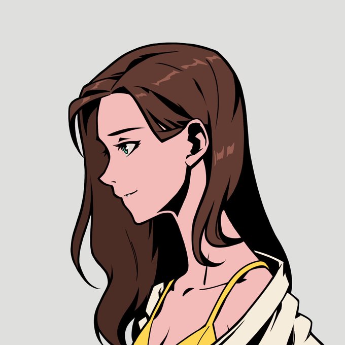 An anime-style profile portrait of a smiling young woman with long brown hair and green eyes, wearing a yellow top against a plain gray background.