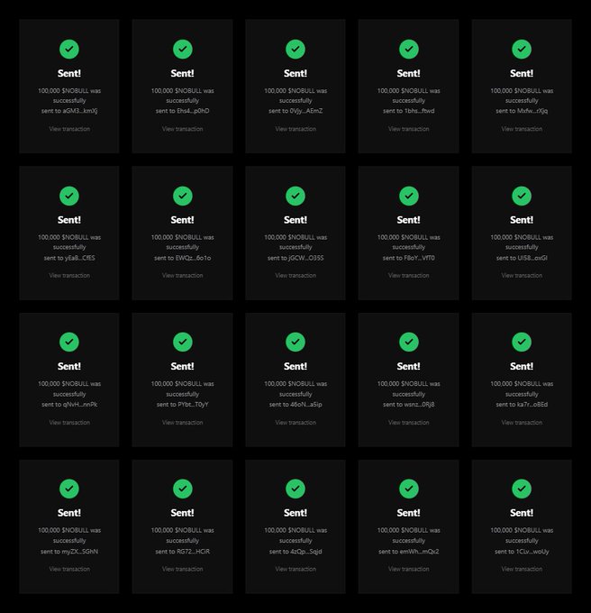 A grid of 19 transaction confirmation cards displays successful sends of 100,000 $NOBULL tokens to various wallet addresses on the Solana blockchain, supporting the accompanying airdrop announcement that promises 100,000 $NOBULL tokens to the first 555 participants who repost and submit their wallet addresses.
