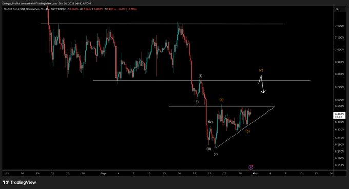 A TradingView chart of US07T Dominance (USDT.D) showing a wave analysis with labeled points (i), (ii), (iii), (iv), (v) and (a), (b), (c), suggesting a missing upward C wave, which supports the post's argument that Bitcoin needs another leg down before a potential "Uptober" rally.