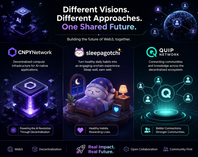 A dark-themed Web3 promotional graphic titled "Different Visions. Different Approaches. One Shared Future," showcasing three projects: CNPYNetwork (decentralized compute infrastructure for AI-native apps), Sleepagotchi (an onchain habit-rewarding sleep companion), and QUIP Network (a decentralized ecosystem for community and knowledge connections), each with tagline callouts and shared values like Web3, Decentralization, and Open Collaboration.