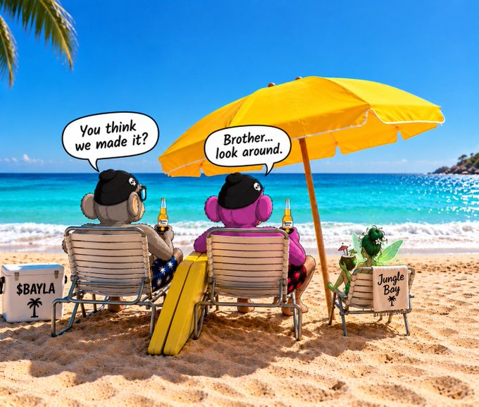 An edited image showing two plush toys, one grey and one purple, sitting in beach chairs under a yellow umbrella, with speech bubbles reading 'You think we made it?' and 'Brother... look around', alongside cases labeled '$BAYLA' and 'Jungle Boy'.