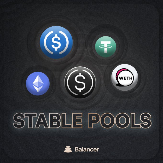 The image features five Bitcoin coins with different symbols attached to them. The text "Stable pools" is placed directly beneath these coins, which indicates that they are all related to stable pools and financial management. The title of the post reads "Balancer'S Stable Pools concentrate liquidity at parity. Tighter spreads, less slippage than a standard AMM". This suggests that stable pools aim to provide balanced and low-slippage trading solutions for investors in cryptocurrencies like Bitcoin.