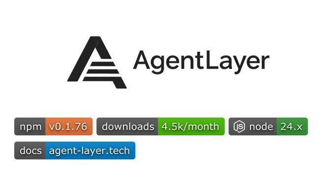 Promotional graphic for the npm package 'AgentLayer' v0.1.76, noting 4.5k monthly downloads, node 24.x support, and the docs site agent-layer.tech.