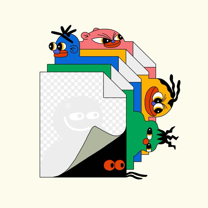 A colorful digital artwork featuring a stack of cartoon characters—including a blue bird, pink bear, yellow bird, green frog, and black blob with googly eyes—peeking from behind a translucent file folder icon, representing the "Hidden File" NFT minted on SuperRare.