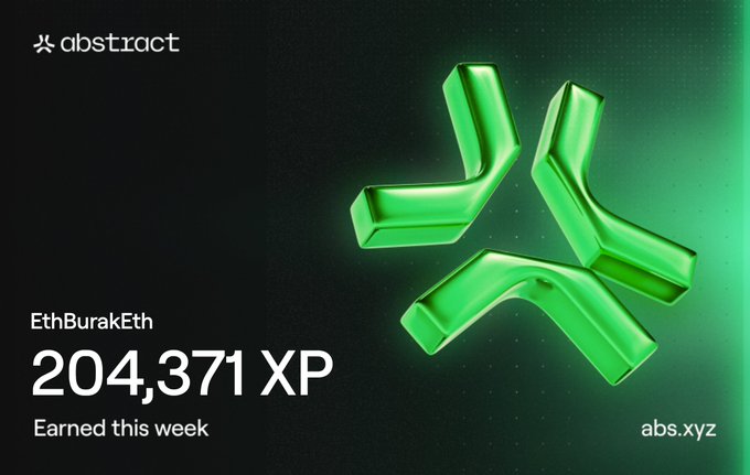 A promotional graphic for Abstract crypto platform displays a green crystalline 'X' logo, crediting 'EthBurakEth' with '204,371 XP Earned this week' and the URL abs.xyz.