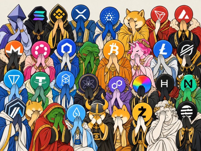 An artistic illustration depicting various cryptocurrency logos as praying religious figures, including Bitcoin, Ethereum, XRP, Dogecoin, and Shiba Inu.